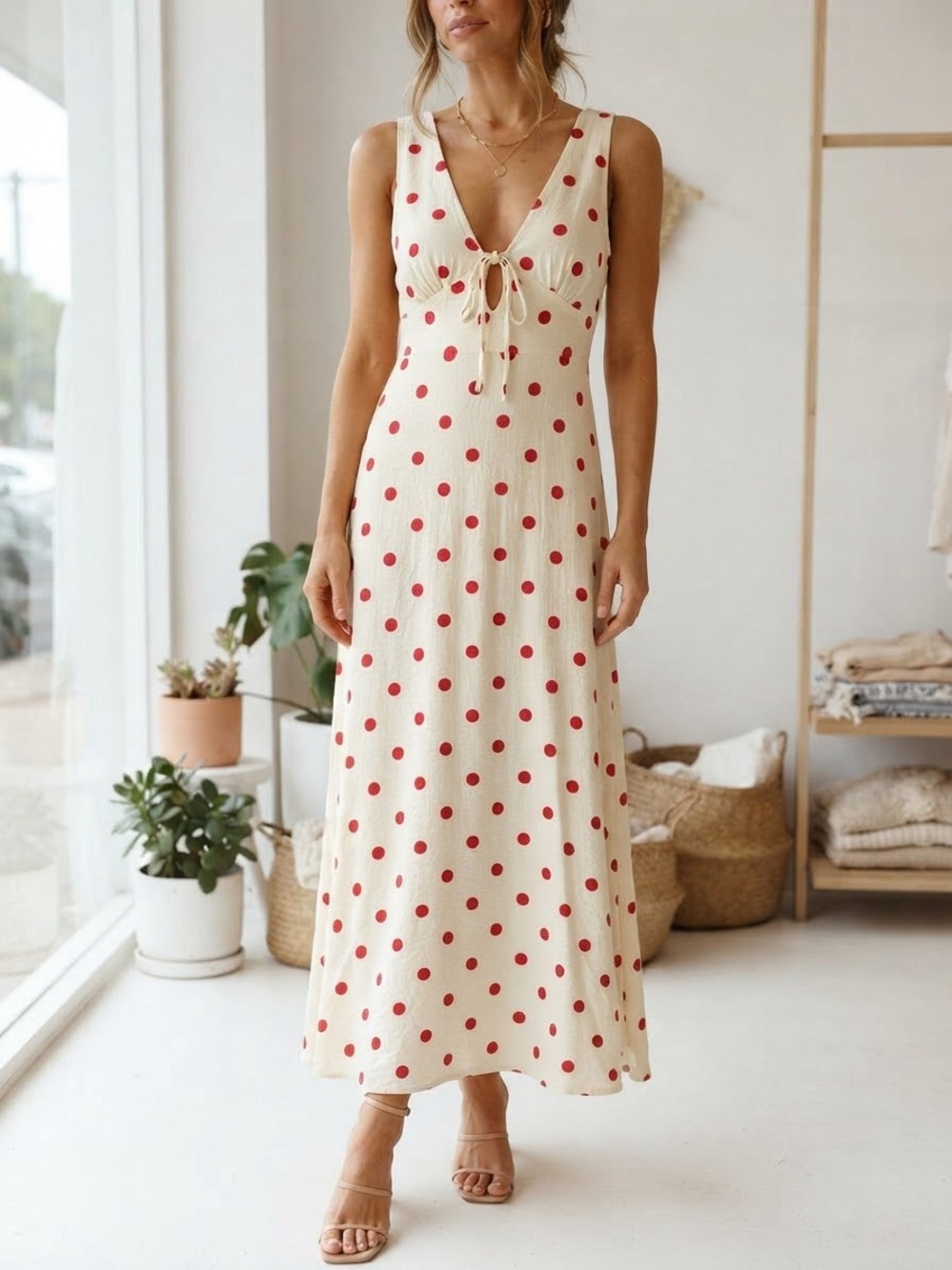 New tags Jessica Simpson Cream Maxi Dress with Red Polka Dots X-Large